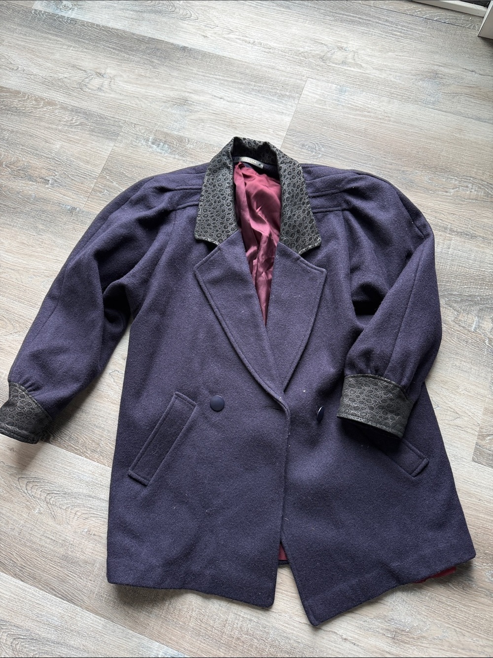 Vintage Navy Wool Blend Coat with Contrast leather Trim sz m/ l